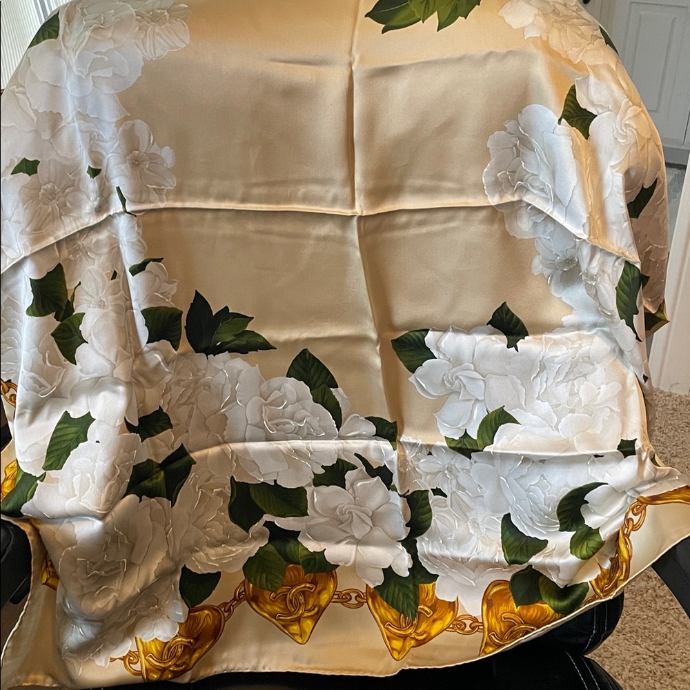 Chanel Gold and Green Floral Silk Scarf - Picture 3 of 13